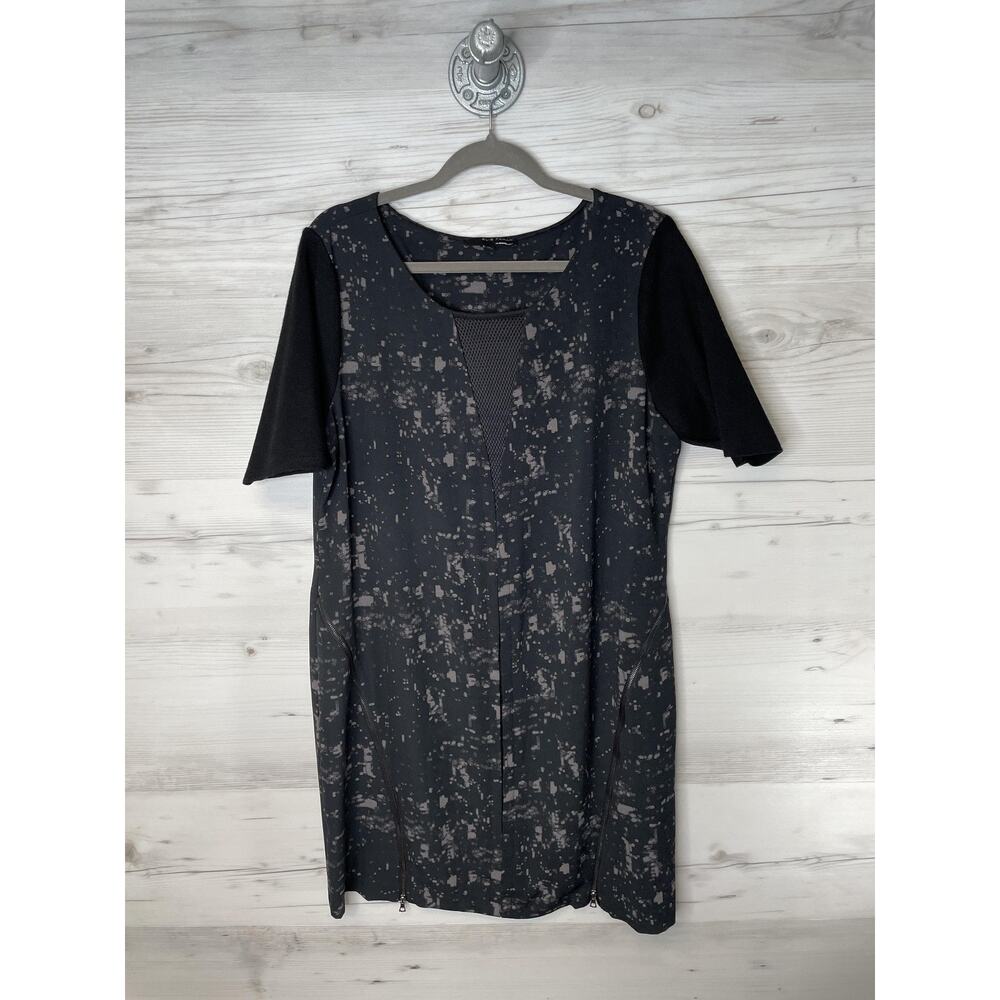 Elie Tahari for DesigNation Dress XL Black Abstract Shift Mesh Panel Side Zips